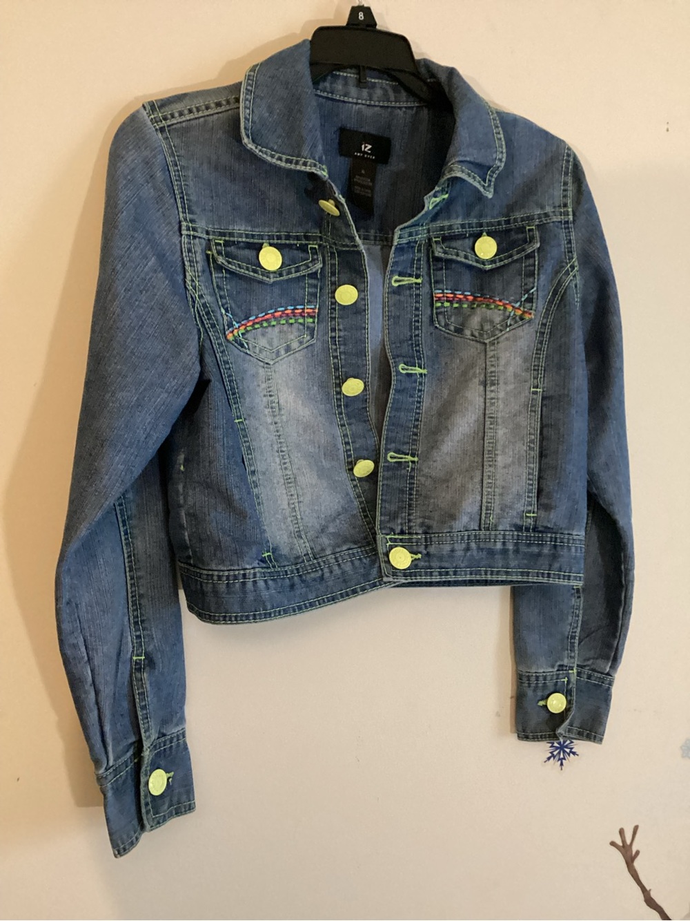 IZ Amy Byer Denim Jacket Girls Size XL Blue Embroidered Neon Buttons